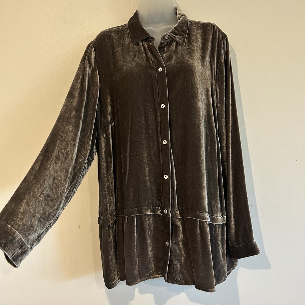 J. Jill Velvet Button Up Shirt Blouse Sz XL Tunic Silk Blend Mocha Brown Shimmer